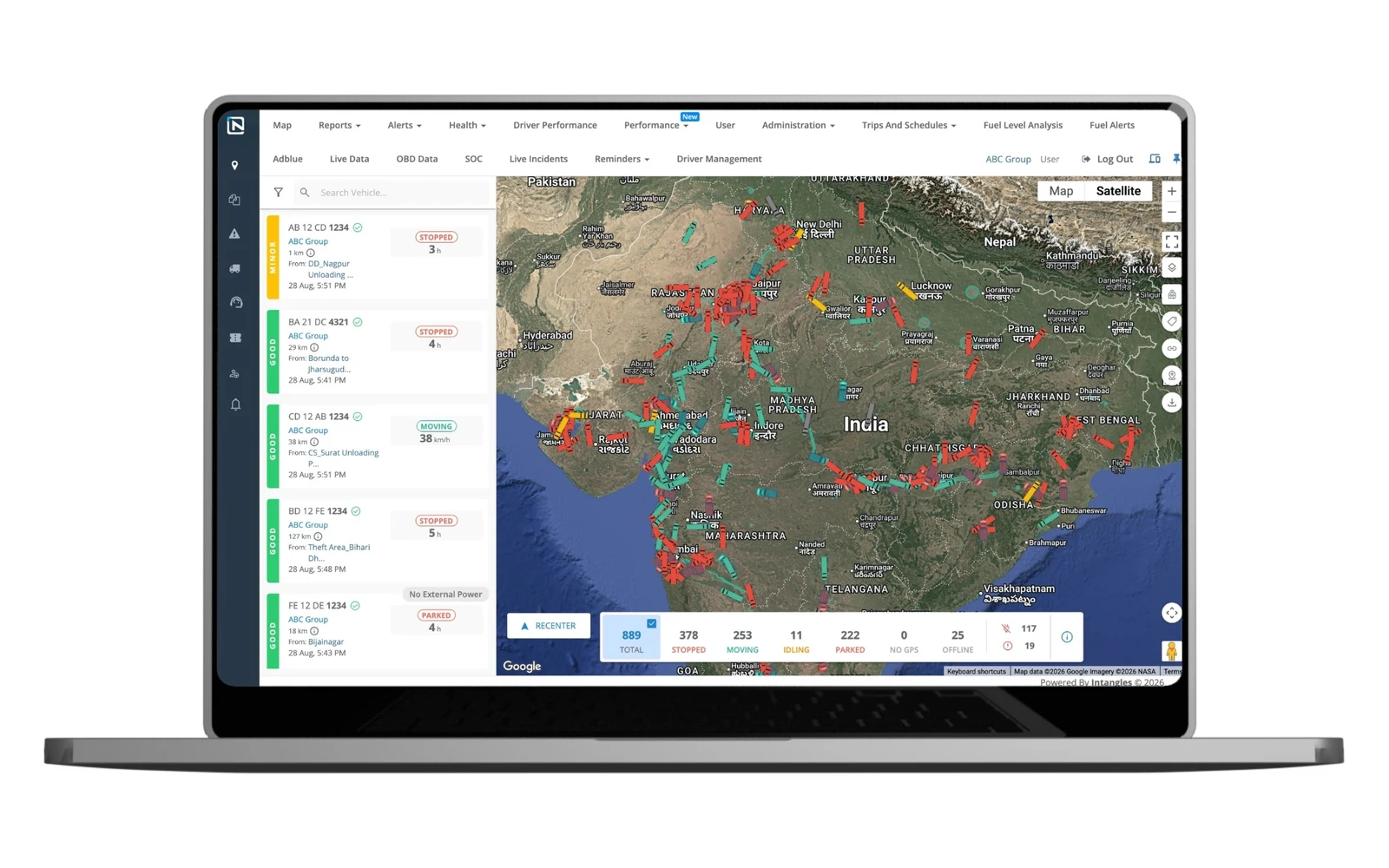 InRoute operations map showing live fleet and trip tracking across India